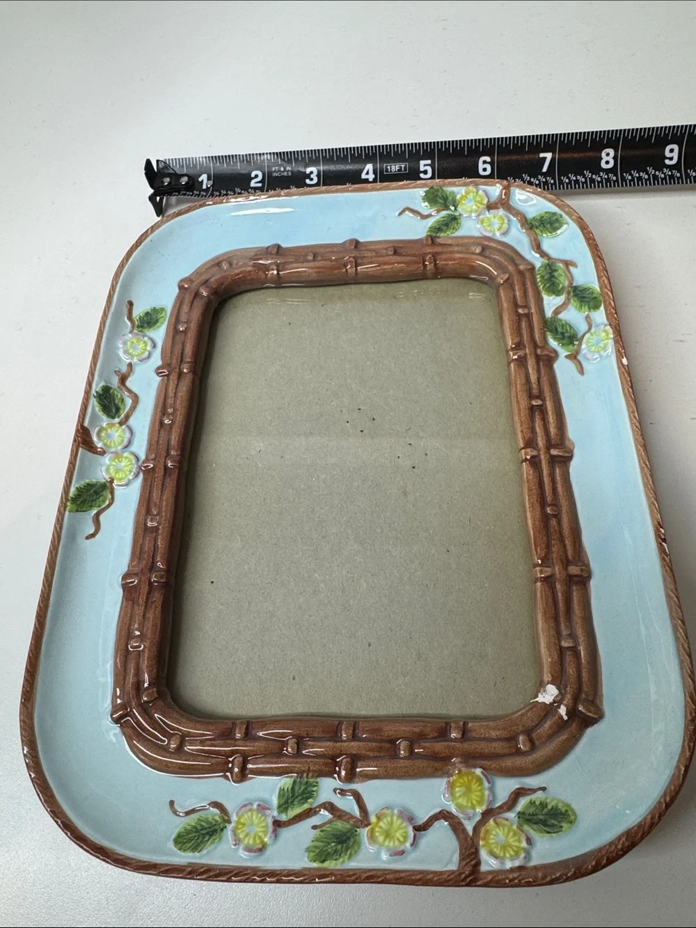 Vintage Terragrafics Ceramic Picture Frame Blue Bamboo Floral 1991 Korea